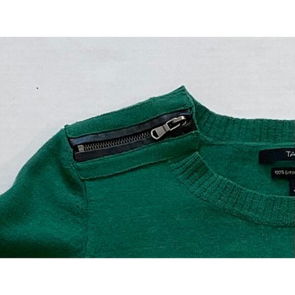 Tahari Dark Green Extrafine Merino Wool Crew Neck Sweater, Zipper Detail, S - Picture 6 of 11
